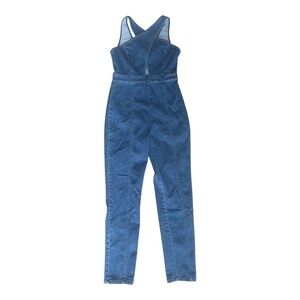 A. Calen By Flying Tomato Denim Jumpsuit Small Blue Zip Front Sleeveless Stretch